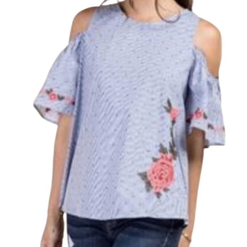 Blue Rain Hannah Dotted Striped Cold Shoulder Peasant Embroidered Top Size‎ Med